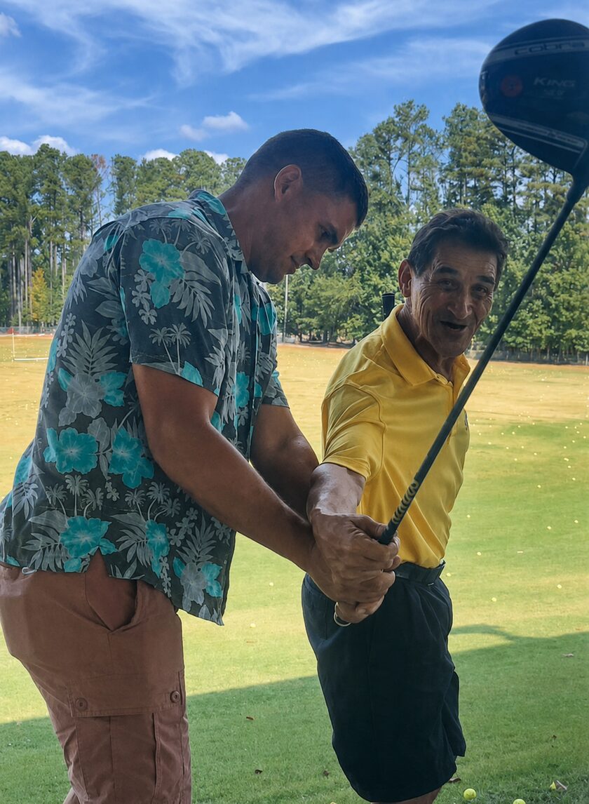 Marty Turcios hands-on with a student, guiding his grip on the club at a driving range